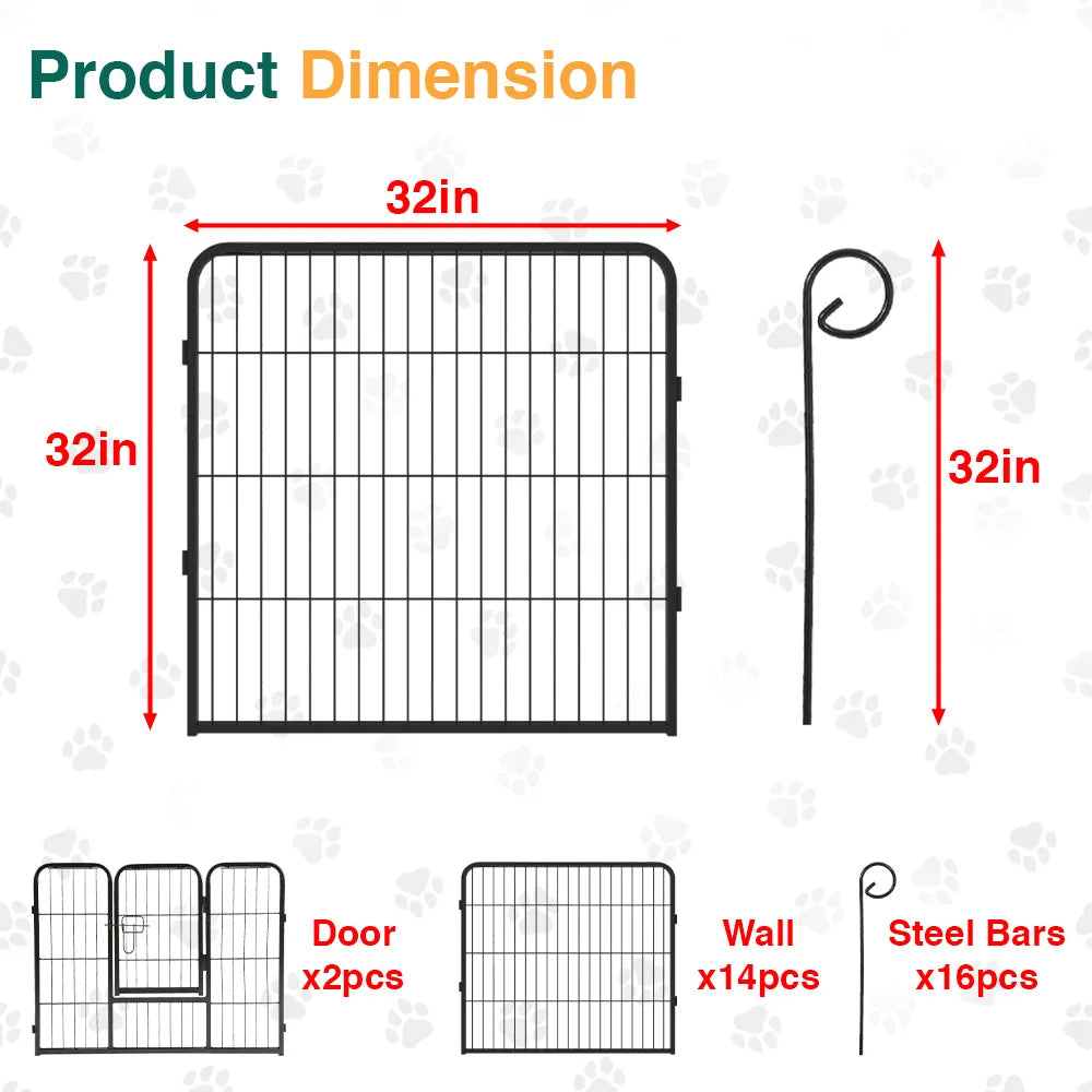 16 Panel Dog Fence Foldable Heavy Duty Metal Pet Playpen