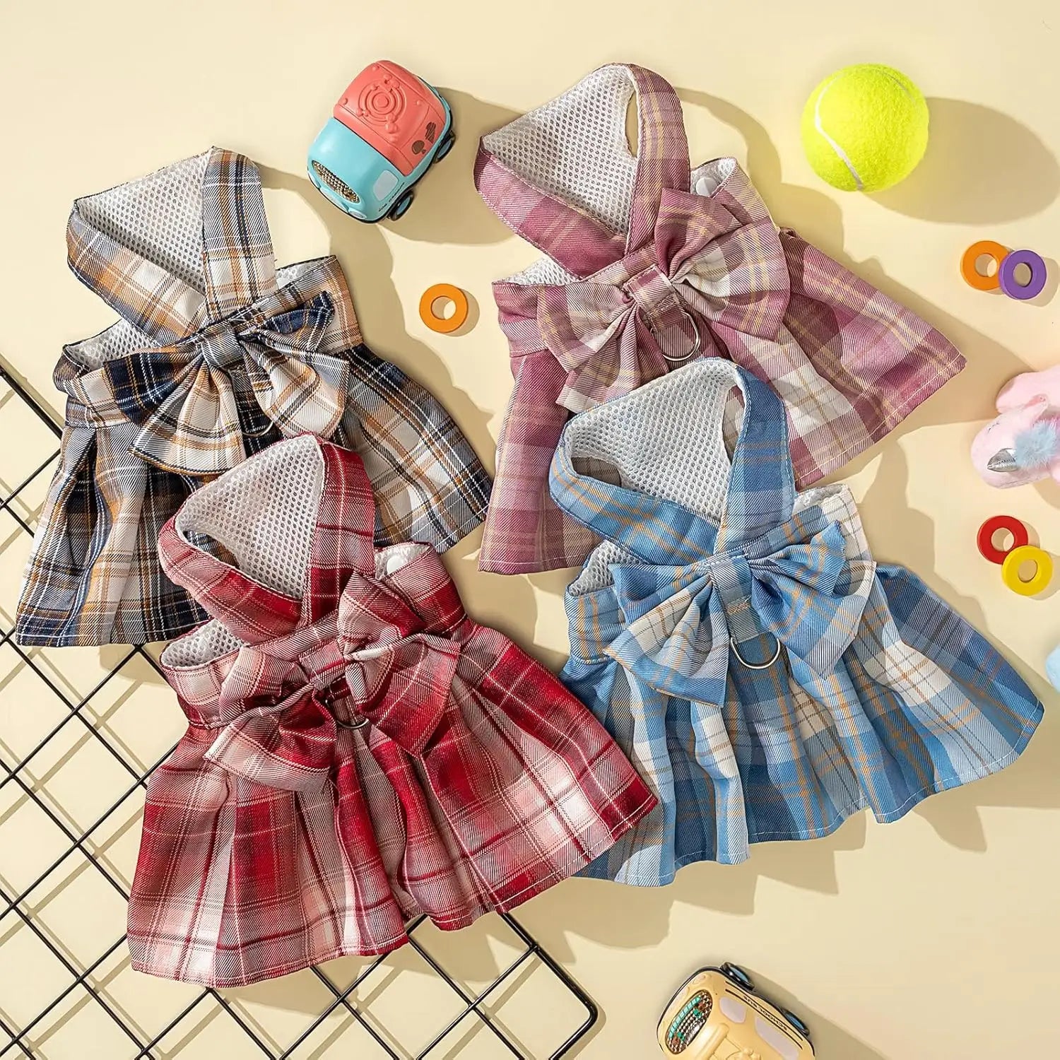 4-Piece Plaid Dog Dress Set with Bow Tie Harness & Leash