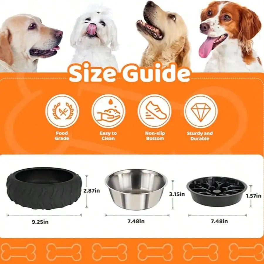 3-in-1 Stainless Steel Slow Feed Dog Bowl - Non-Slip Suction Cup Feeder