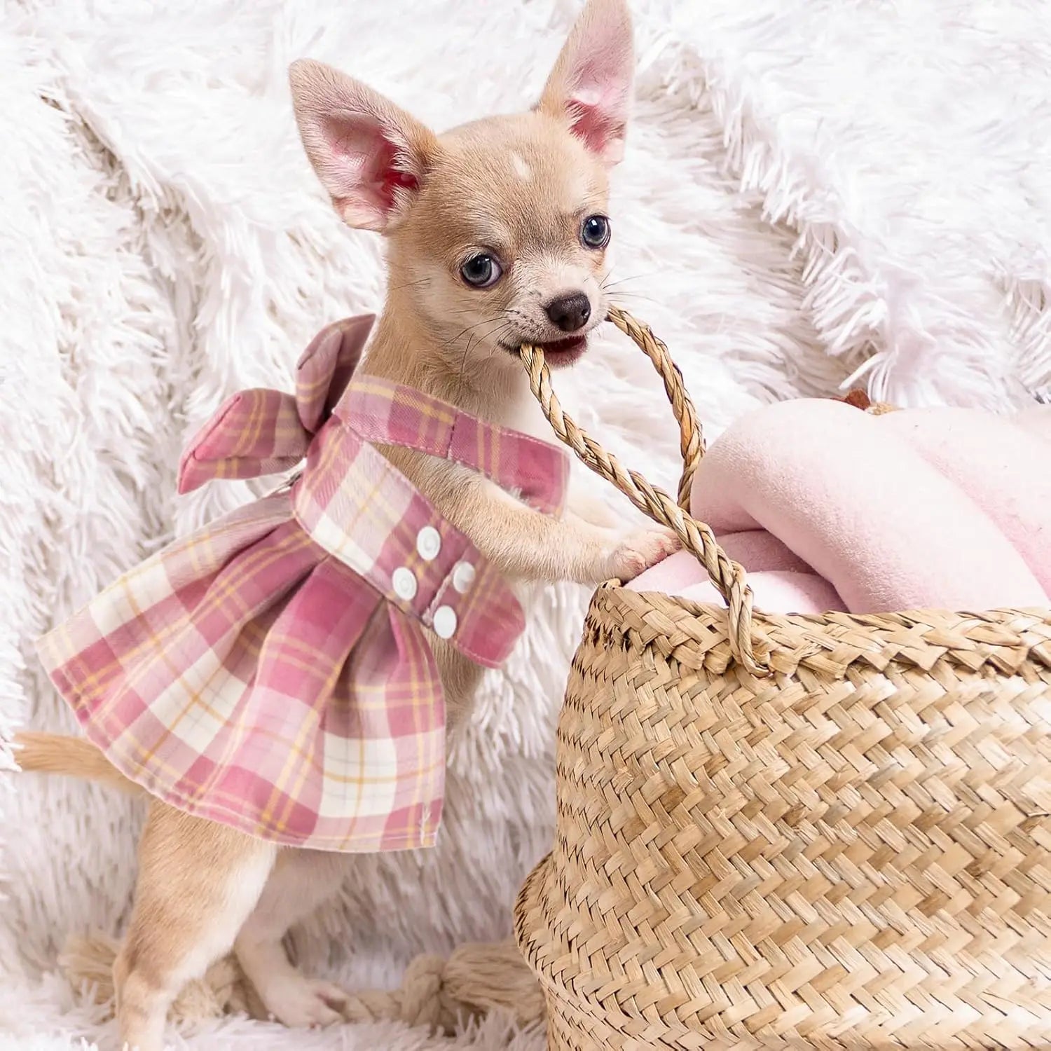 4-Piece Plaid Dog Dress Set with Bow Tie Harness & Leash