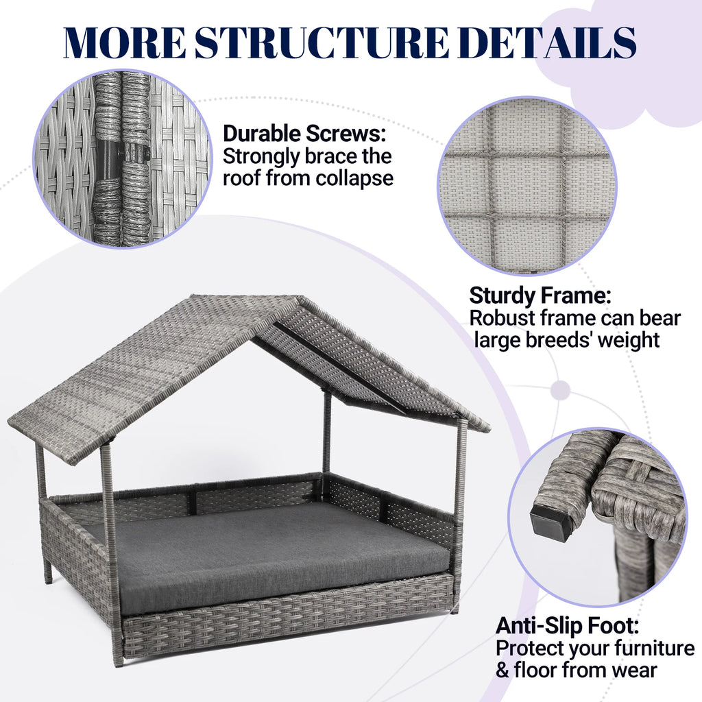 Wicker Dog House, Elevated Rattan Dog Bed with Canopy,
