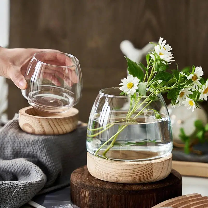 Clear Glass Vases Fish Tank With Wooden Base Hydroponic Plant Vase
