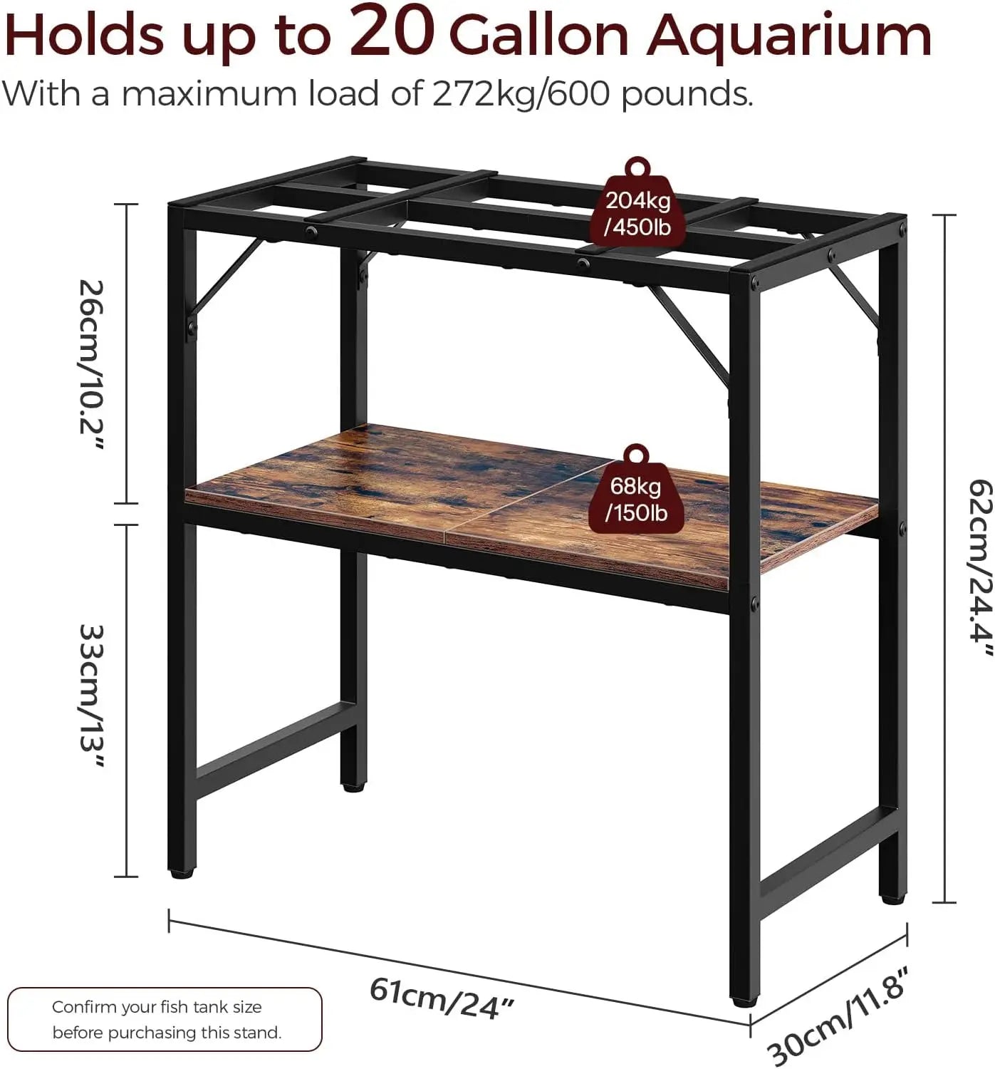 Heavy Duty 20 Gallon Aquarium Stand with 2-Tier Storage Shelves