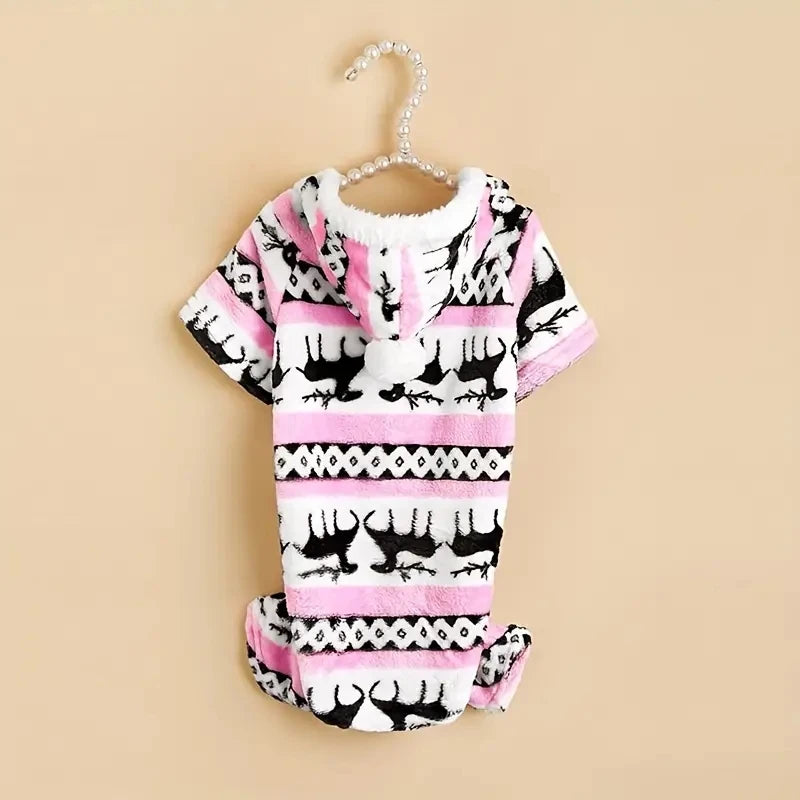 1pc Pet Christmas Reindeer Graphic Pajamas Hooded Jumpsuit