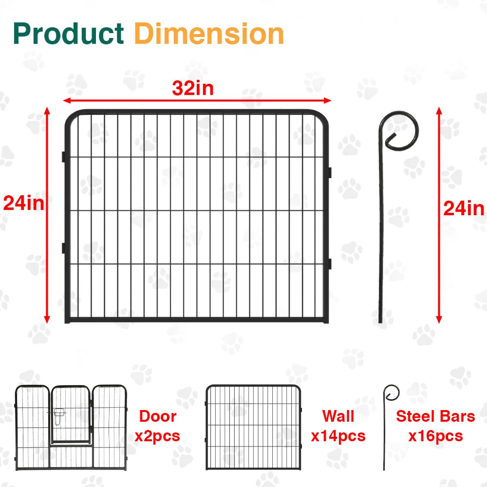 16 Panel Dog Fence Foldable Heavy Duty Metal Pet Playpen