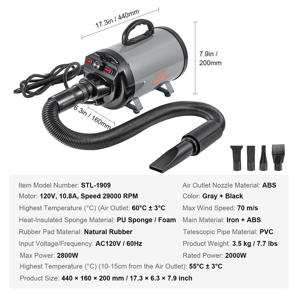 2000W/2.7HP Dog Hair Blow Dryer Adjustable Speed