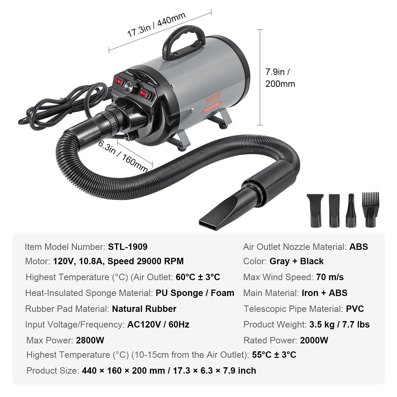 2000W/2.7HP Dog Hair Blow Dryer Adjustable Speed