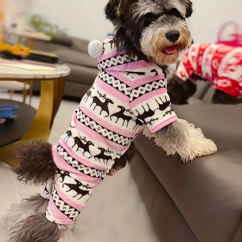 1pc Pet Christmas Reindeer Graphic Pajamas Hooded Jumpsuit
