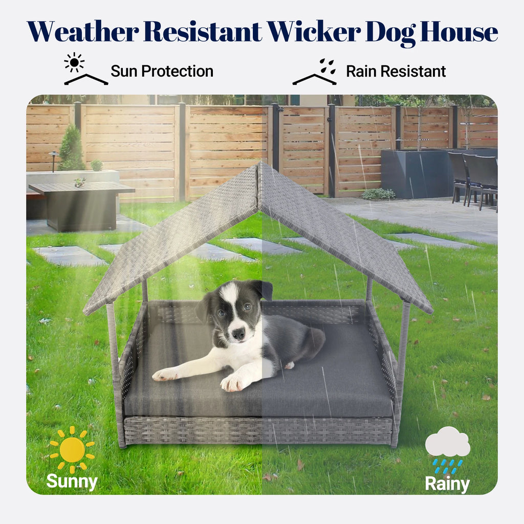 Wicker Dog House, Elevated Rattan Dog Bed with Canopy,