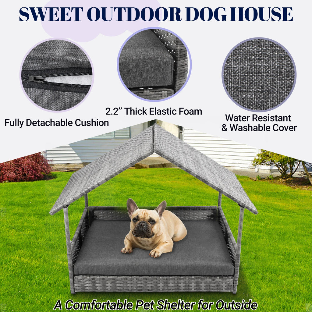 Wicker Dog House, Elevated Rattan Dog Bed with Canopy,