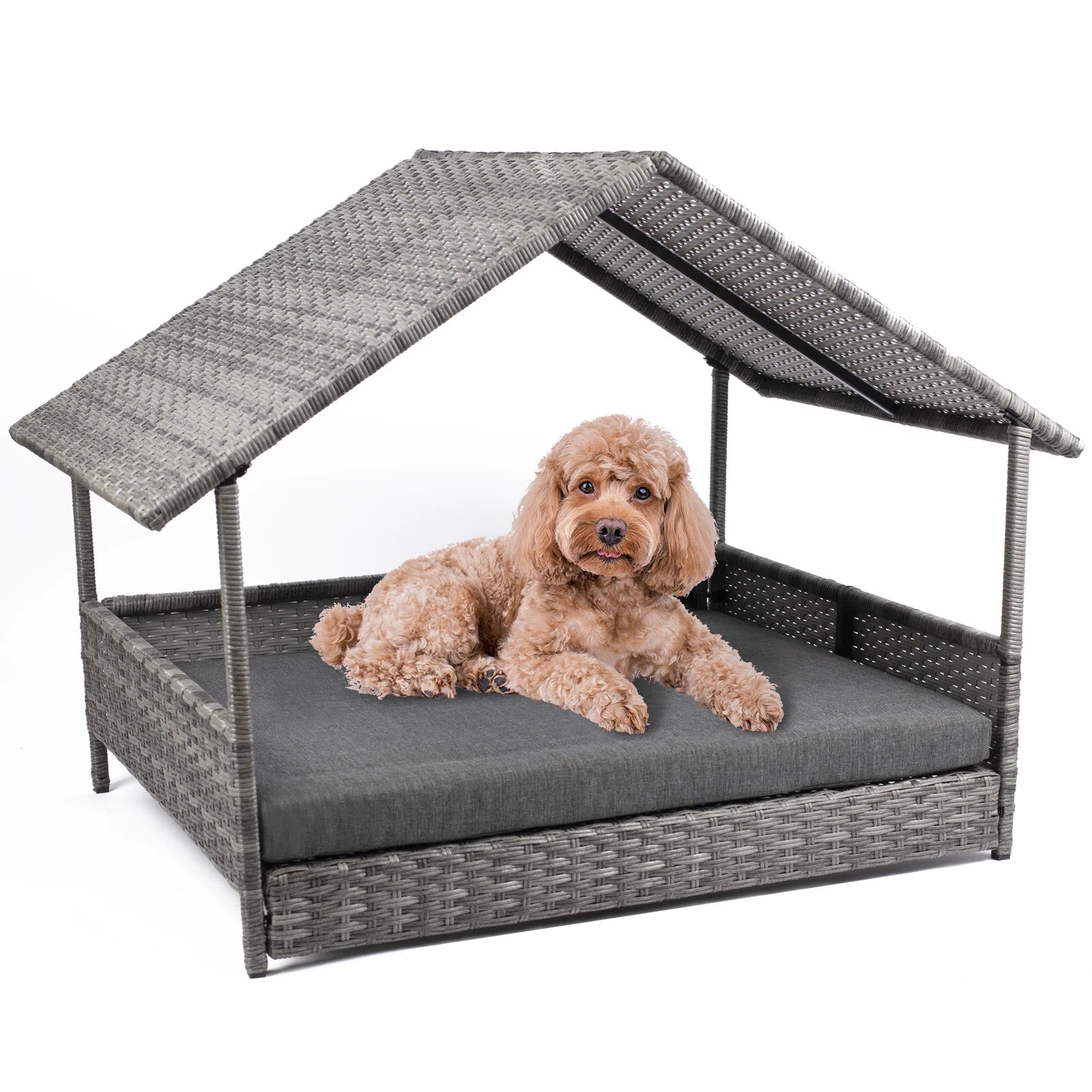 Wicker Dog House, Elevated Rattan Dog Bed with Canopy,