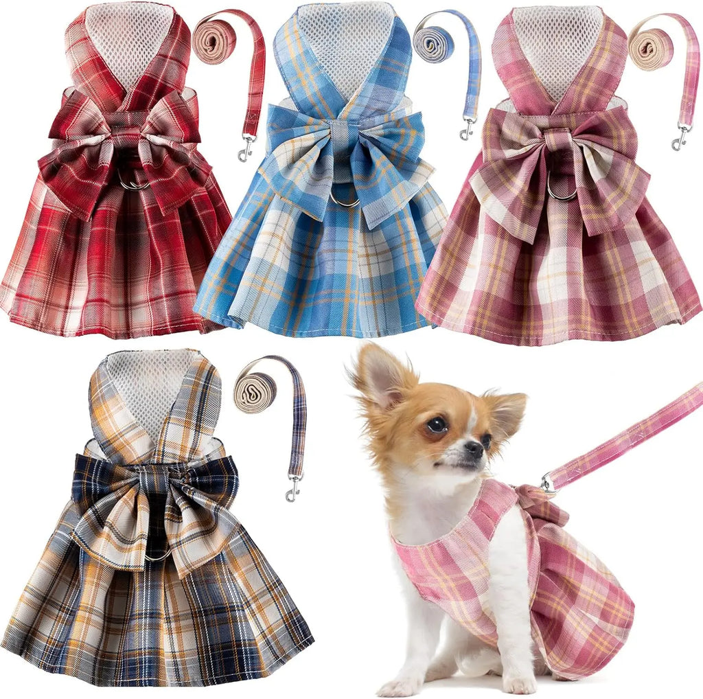 4-Piece Plaid Dog Dress Set with Bow Tie Harness & Leash