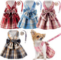 4-Piece Plaid Dog Dress Set with Bow Tie Harness & Leash
