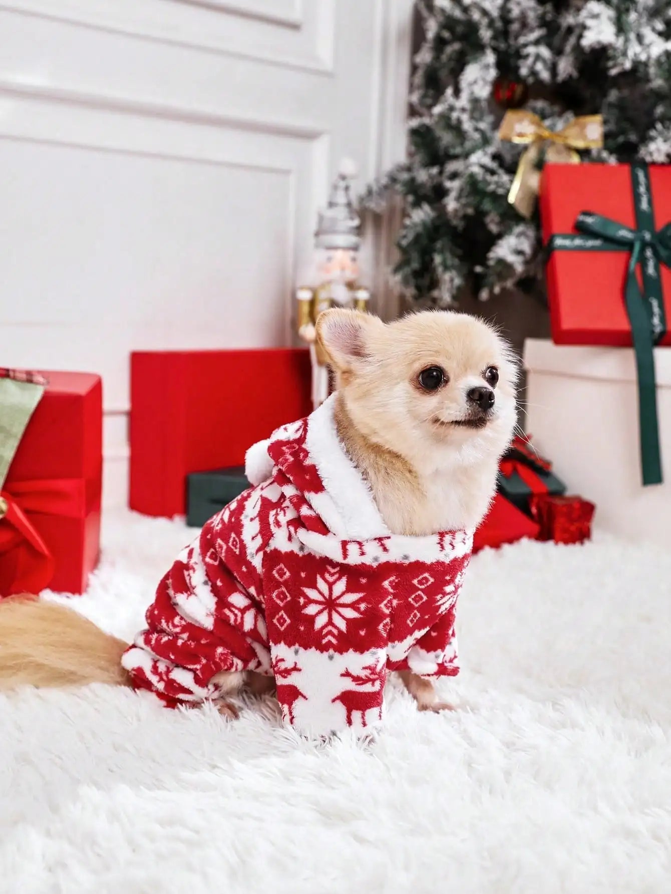 1pc Pet Christmas Reindeer Graphic Pajamas Hooded Jumpsuit