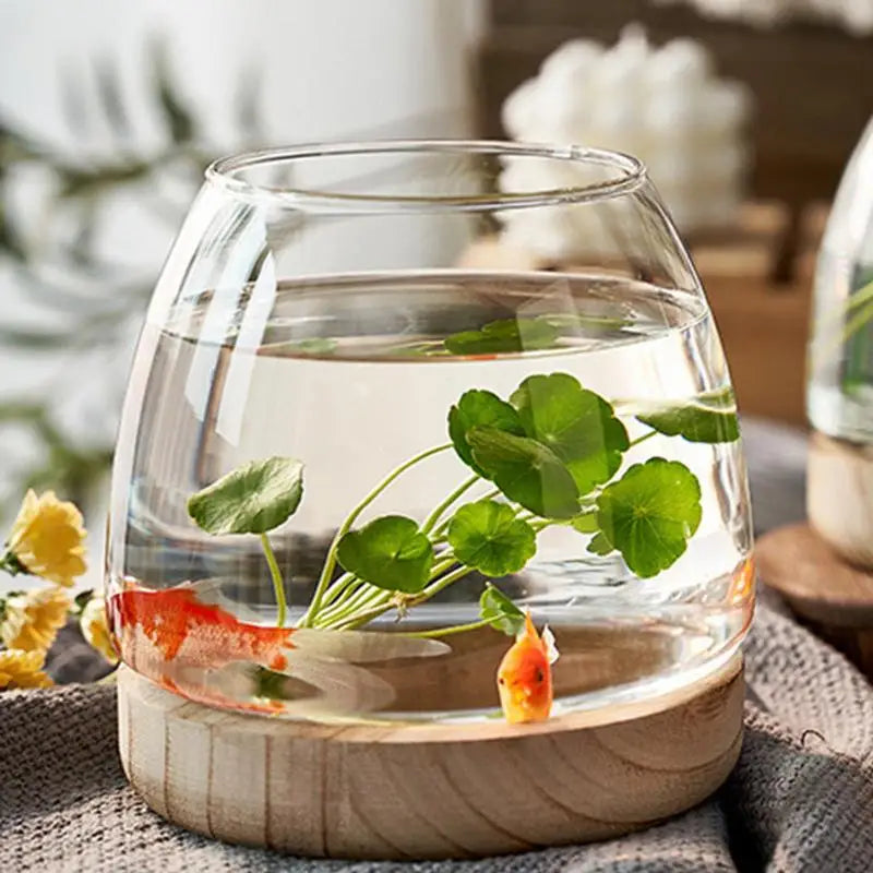 Clear Glass Vases Fish Tank With Wooden Base Hydroponic Plant Vase