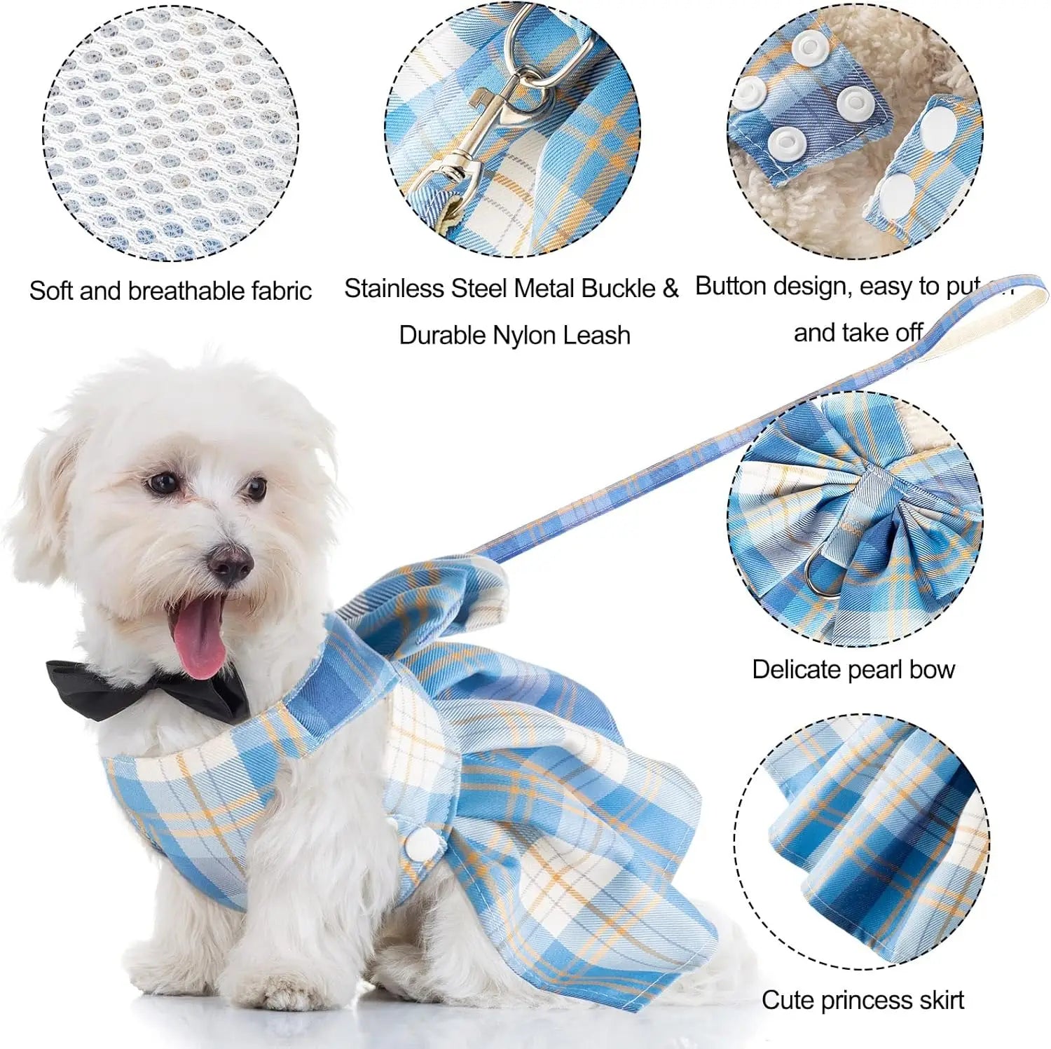4-Piece Plaid Dog Dress Set with Bow Tie Harness & Leash