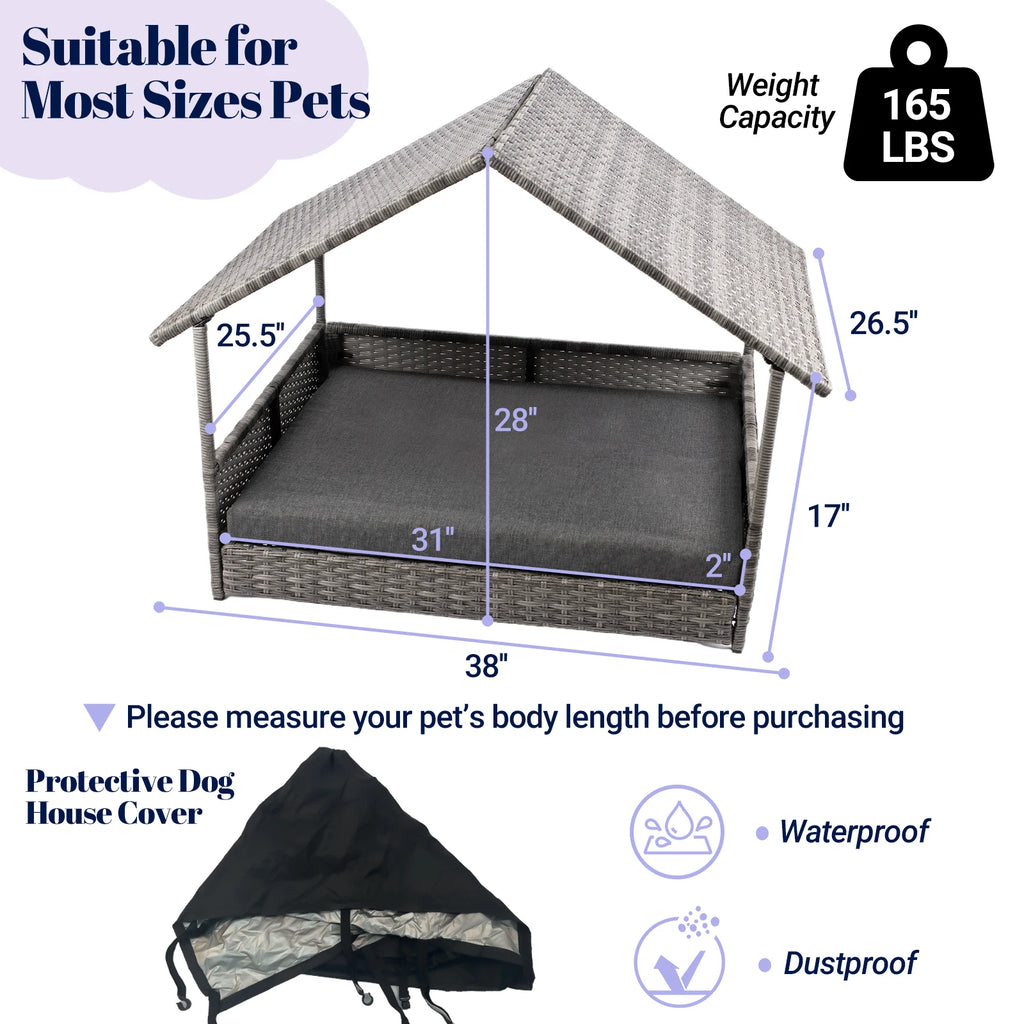 Wicker Dog House, Elevated Rattan Dog Bed with Canopy,