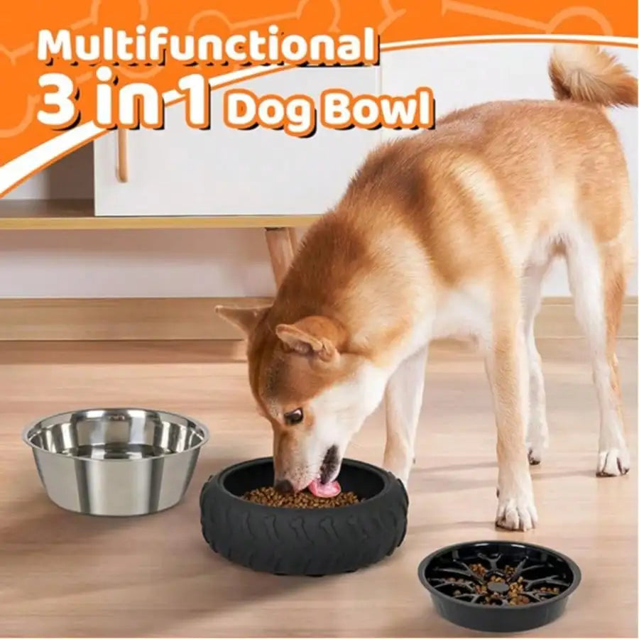3-in-1 Stainless Steel Slow Feed Dog Bowl - Non-Slip Suction Cup Feeder