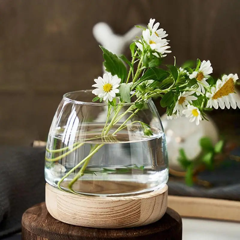 Clear Glass Vases Fish Tank With Wooden Base Hydroponic Plant Vase